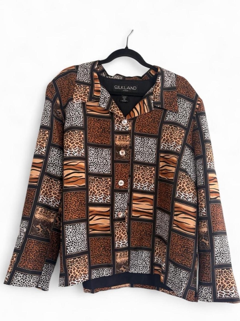 Vintage Silkland Woman 100% Silk Animal Print Patchwork Blouse 2X